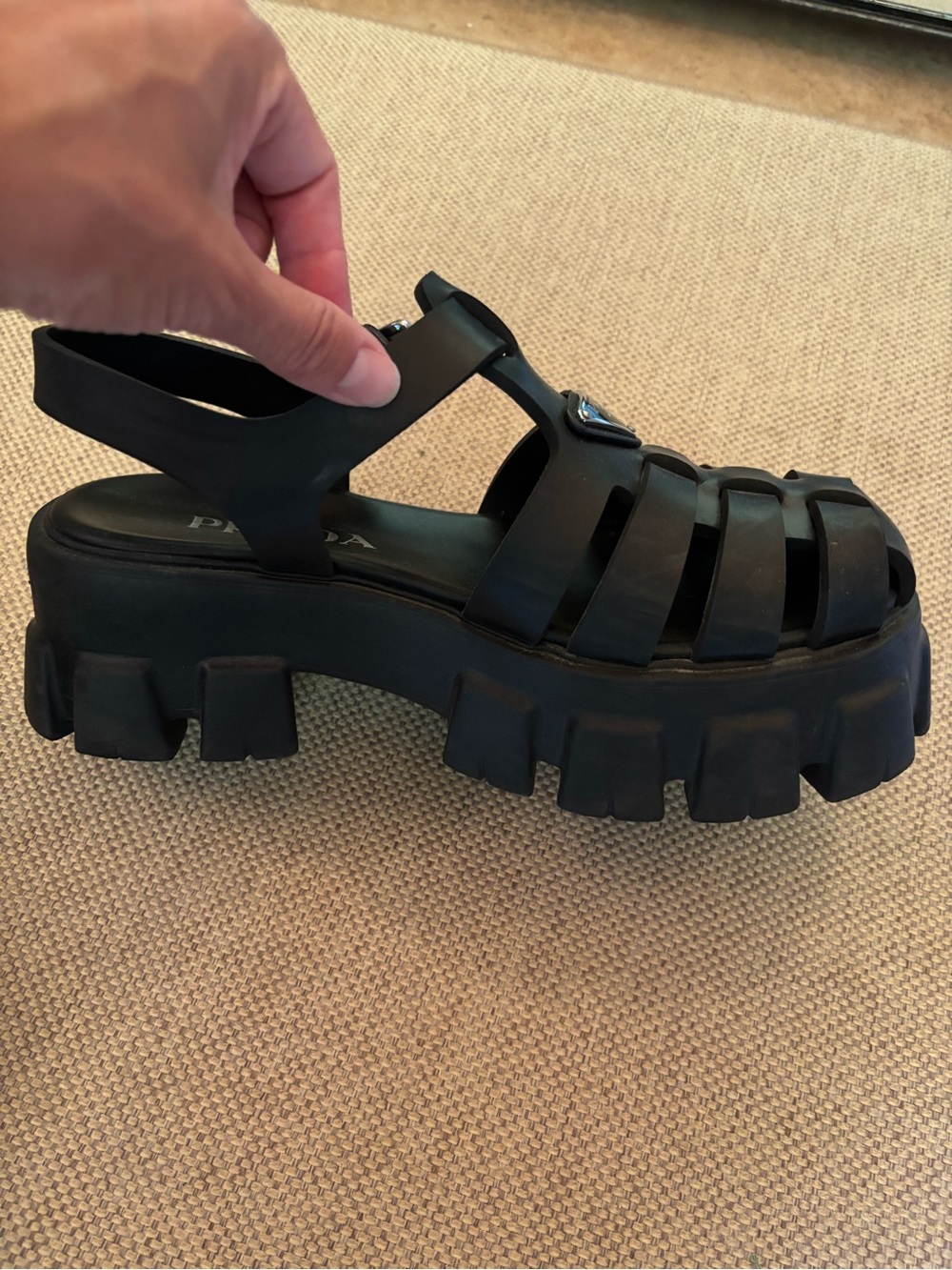 Prada Black Fisherman Sandals with Logo Plaque - Picture 4 of 15